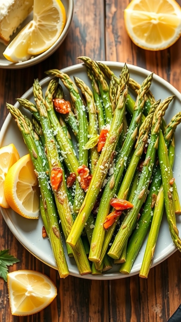 Crispy Air Fryer Asparagus Recipe Crispy air fryer asparagus garnished with Parmesan cheese and lemon wedges on a rustic table.